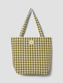 Botanical Green Gingham Linen Blend Tote Bag