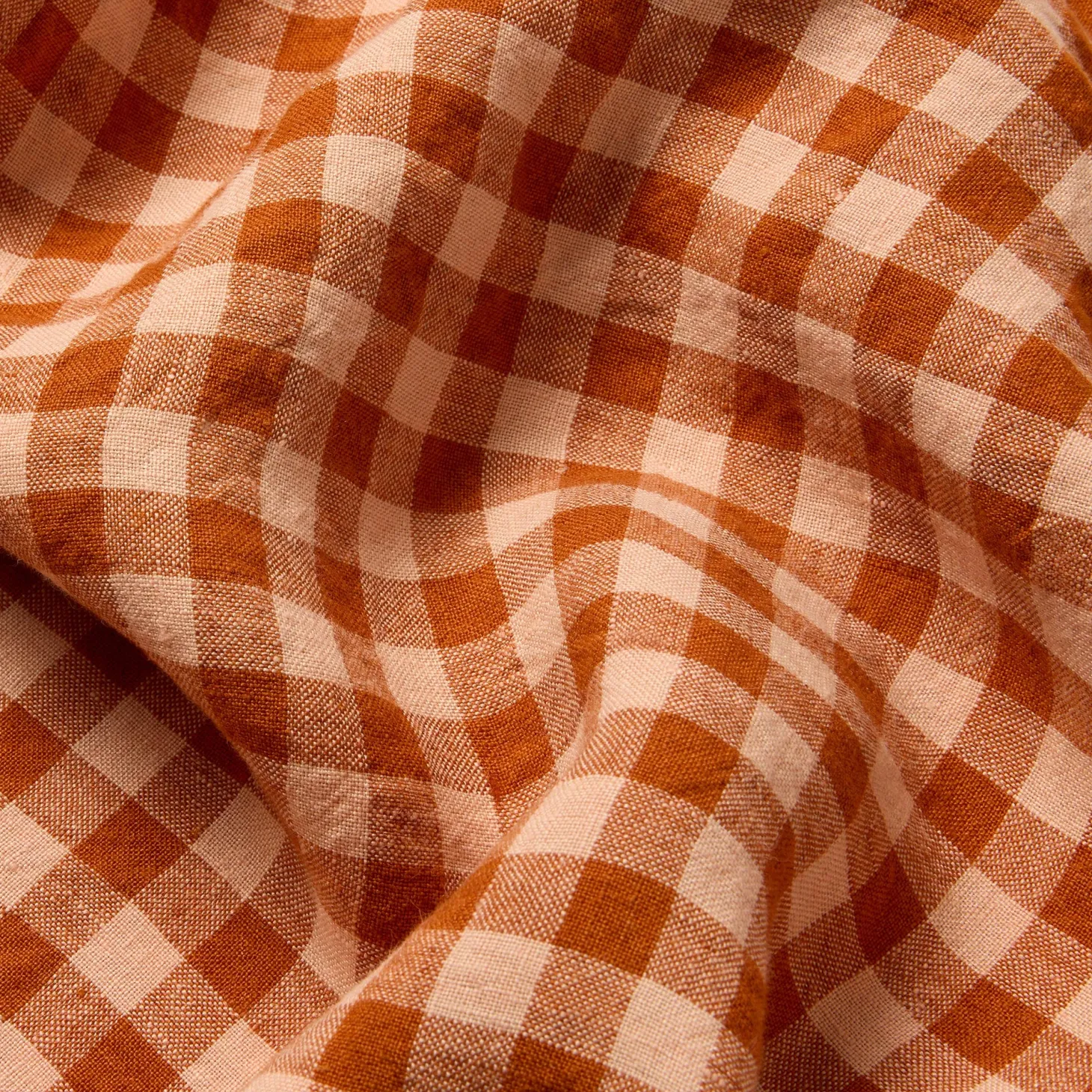 Cinnamon & Peach Color Drenched Gingham 100% Linen Fitted Sheet
