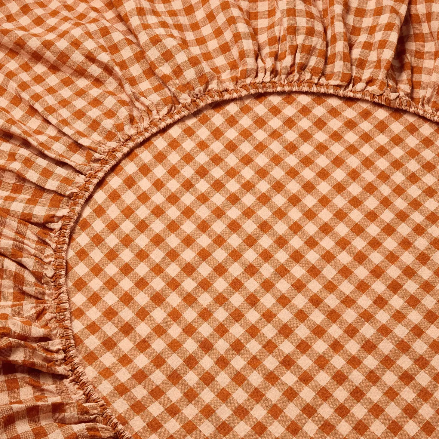 Cinnamon & Peach Color Drenched Gingham 100% Linen Fitted Sheet