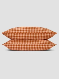 Cinnamon & Peach Colour Drenched Gingham Linen Blend Pillowcases (Pair)