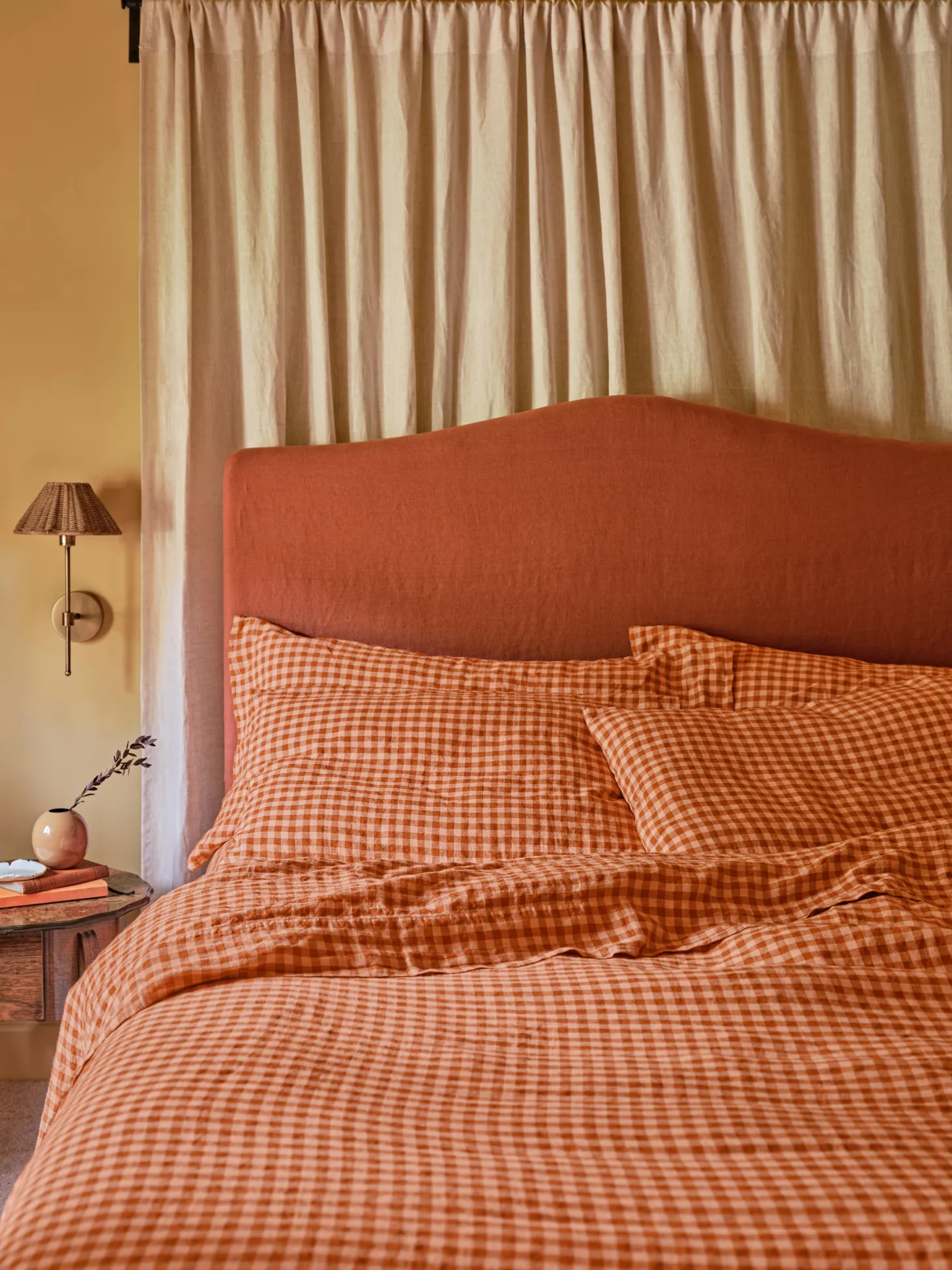 Cinnamon & Peach Colour Drenched Gingham Linen Blend Duvet Cover