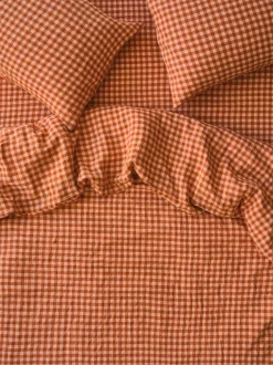 Cinnamon & Peach Colour Drenched Gingham Linen Blend Duvet Cover