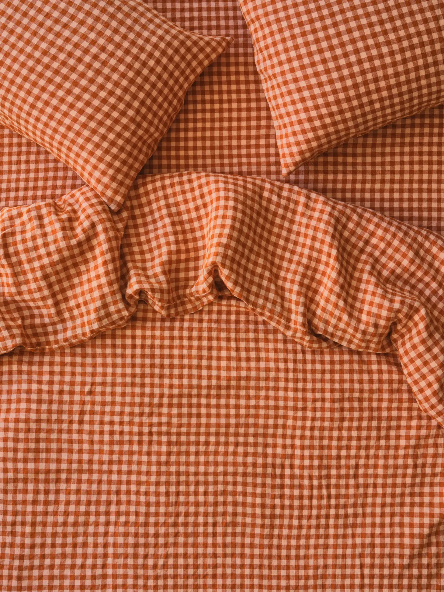 Cinnamon & Peach Colour Drenched Gingham Linen Blend Duvet Cover