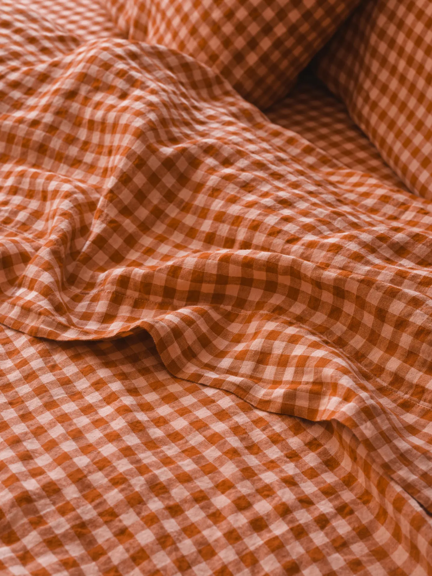 Cinnamon & Peach Colour Drenched Gingham Linen Blend Flat Sheet