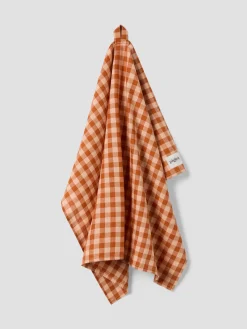 Cinnamon/Peach Colour Drenched Gingham Linen Blend Tea Towel