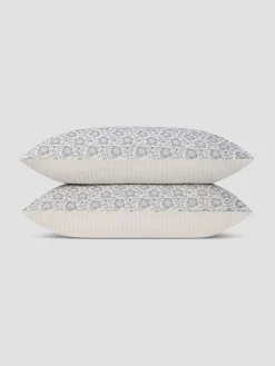 Dusk Blue Folk Floral Linen Blend Pillowcases (Pair)