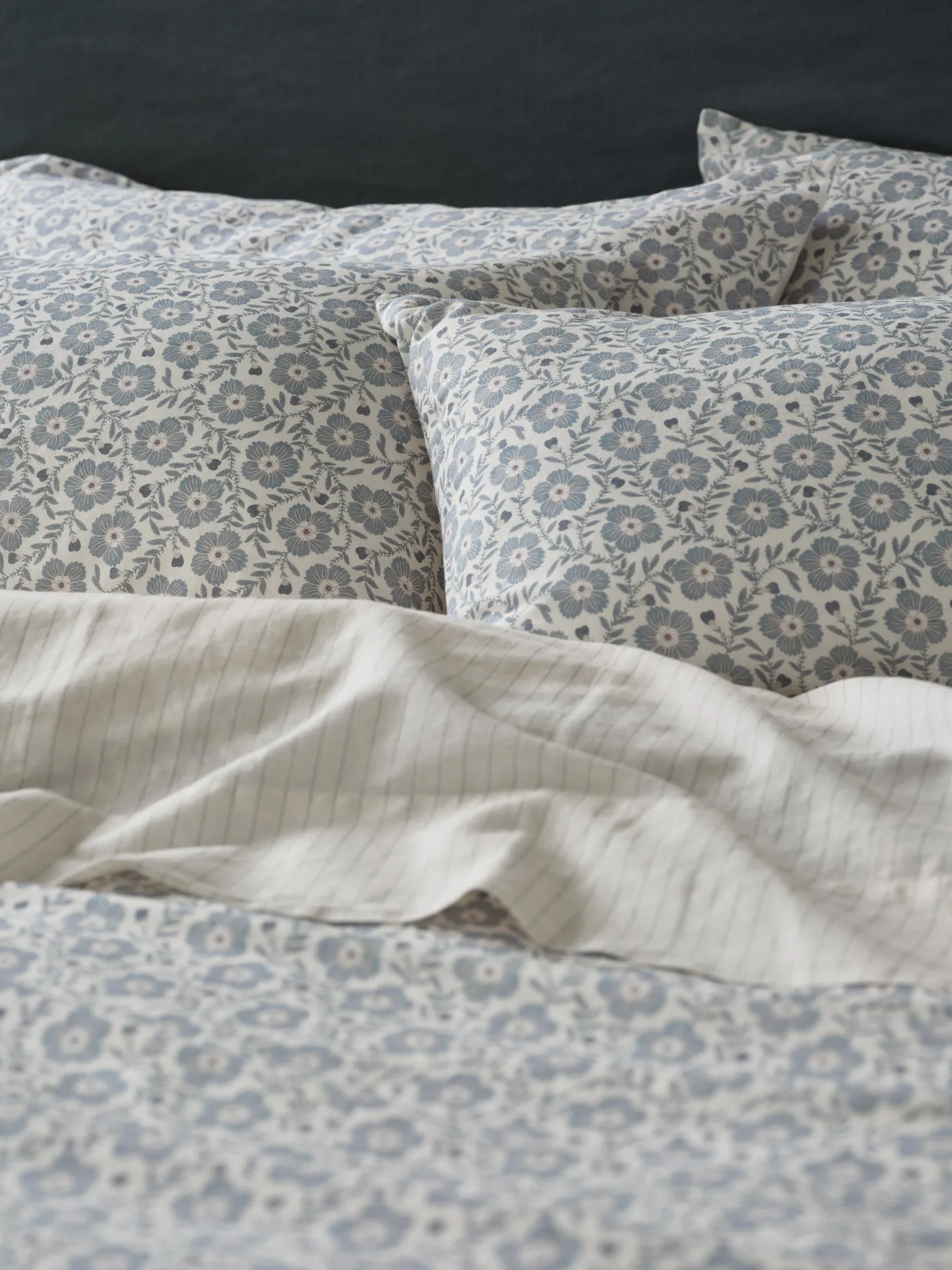 Dusk Blue Folk Floral Linen Blend Pillowcases (Pair)