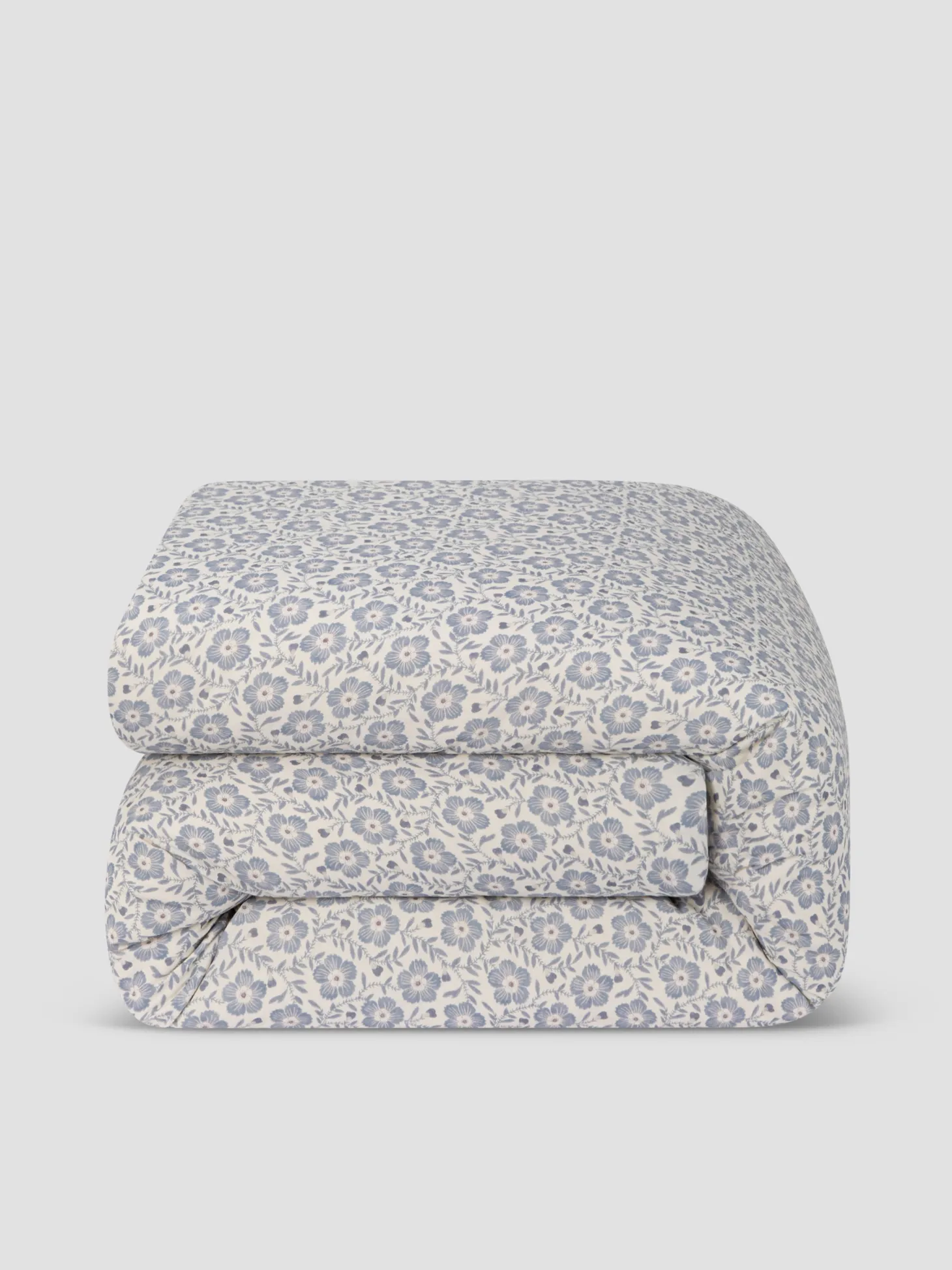 Dusk Blue Folk Floral Linen Blend Duvet Cover
