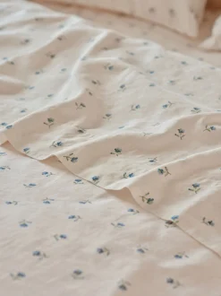 Dusk Blue Posy Bud Linen Blend Flat Sheet