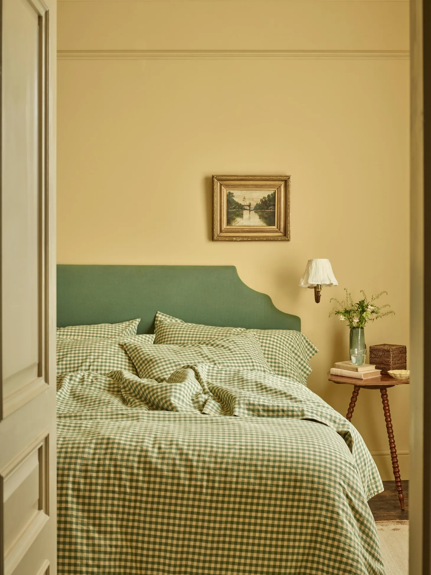 Elm Green & Butter Yellow Color Drenched Gingham Linen Blend Duvet Cover