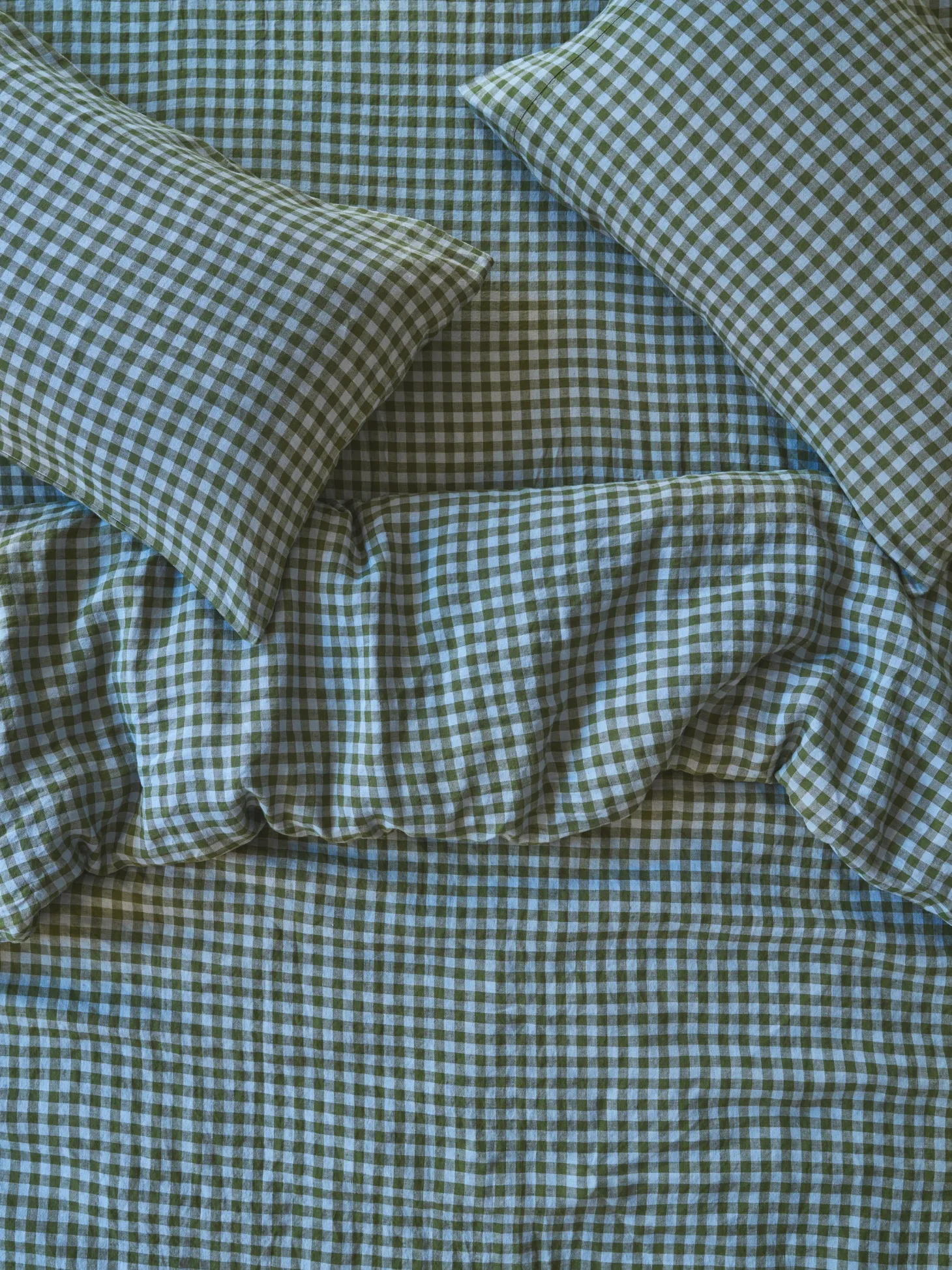 Fern Green & Dusk Blue Color Drenched Gingham 100% Linen Duvet Cover