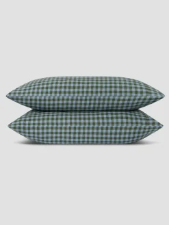 Fern Green & Dusk Blue Color Drenched Gingham 100% Linen Pillowcases (Pair)