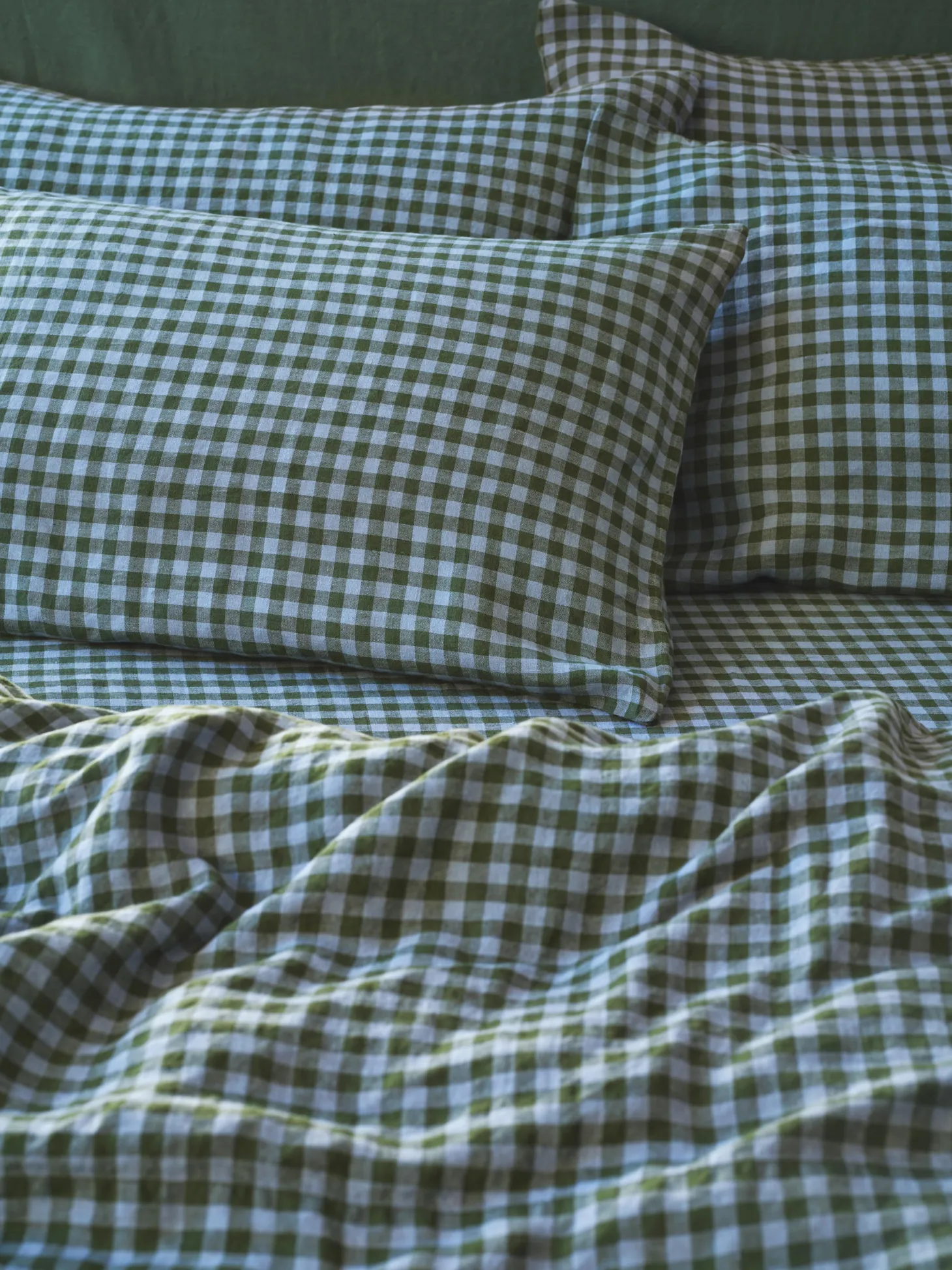 Fern Green & Dusk Blue Color Drenched Gingham 100% Linen Pillowcases (Pair)