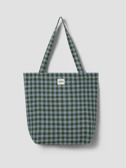 Fern Green & Dusk Blue Colour Drenched Gingham Linen Blend Tote Bag