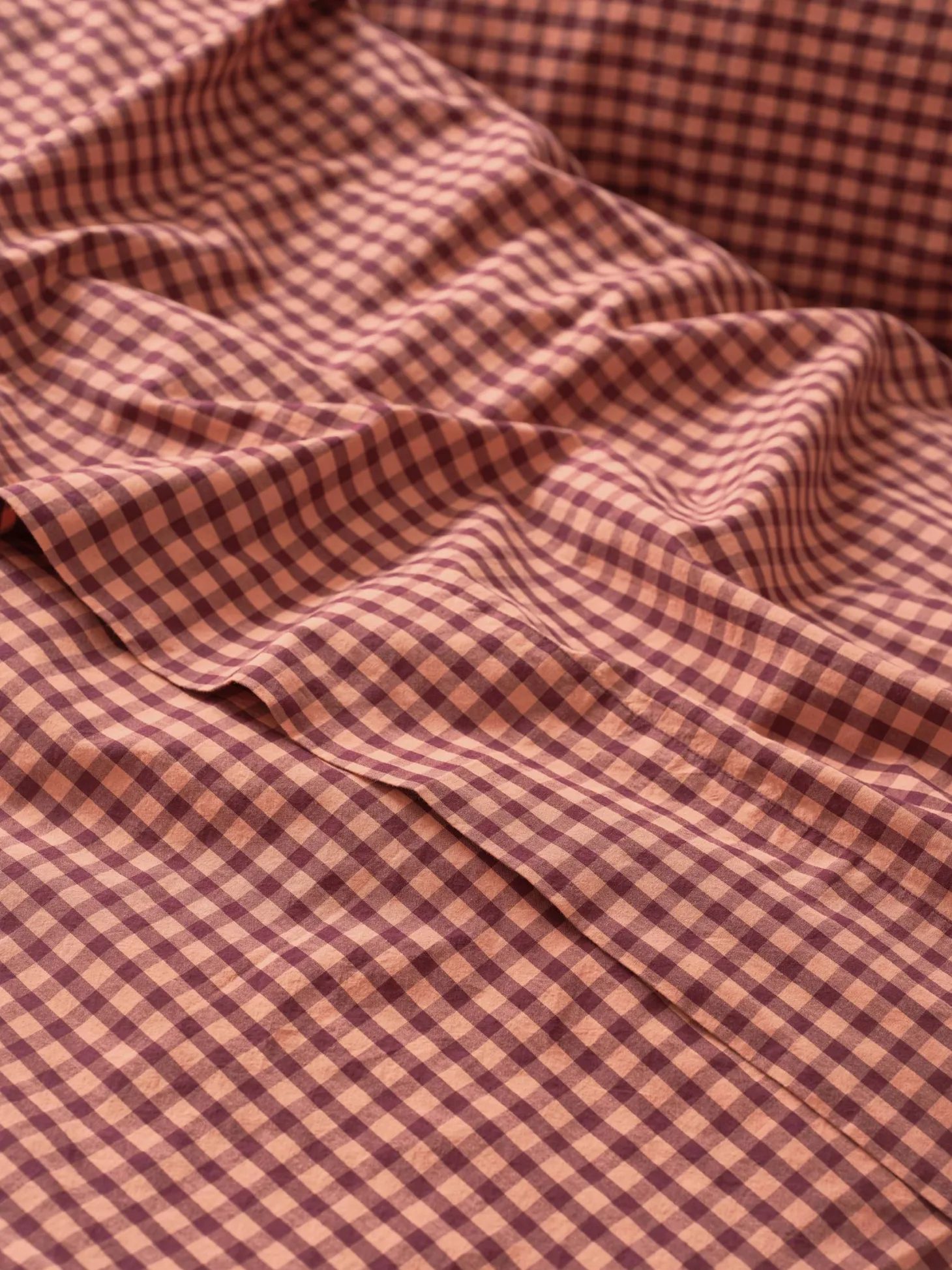 Fig & Blush Pink Gingham Washed Cotton Percale Flat Sheet