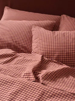 Fig & Blush Pink Gingham Washed Cotton Percale Pillowcases (Pair)