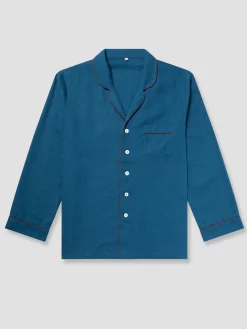 Marine Blue Linen Tencel Men's Pajama Shirt