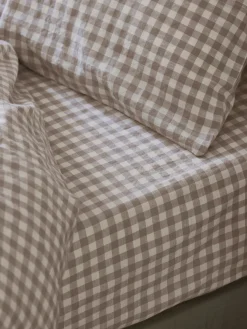 Mushroom Gingham 100% Linen Fitted Sheet