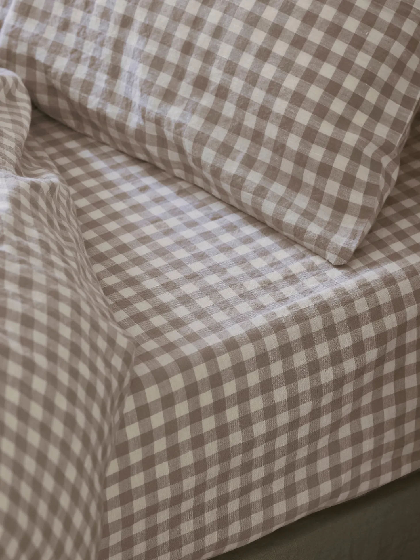 Mushroom Gingham 100% Linen Fitted Sheet
