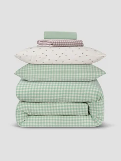 Sage Green Gingham & Posy Bud Linen Blend Bedding Set