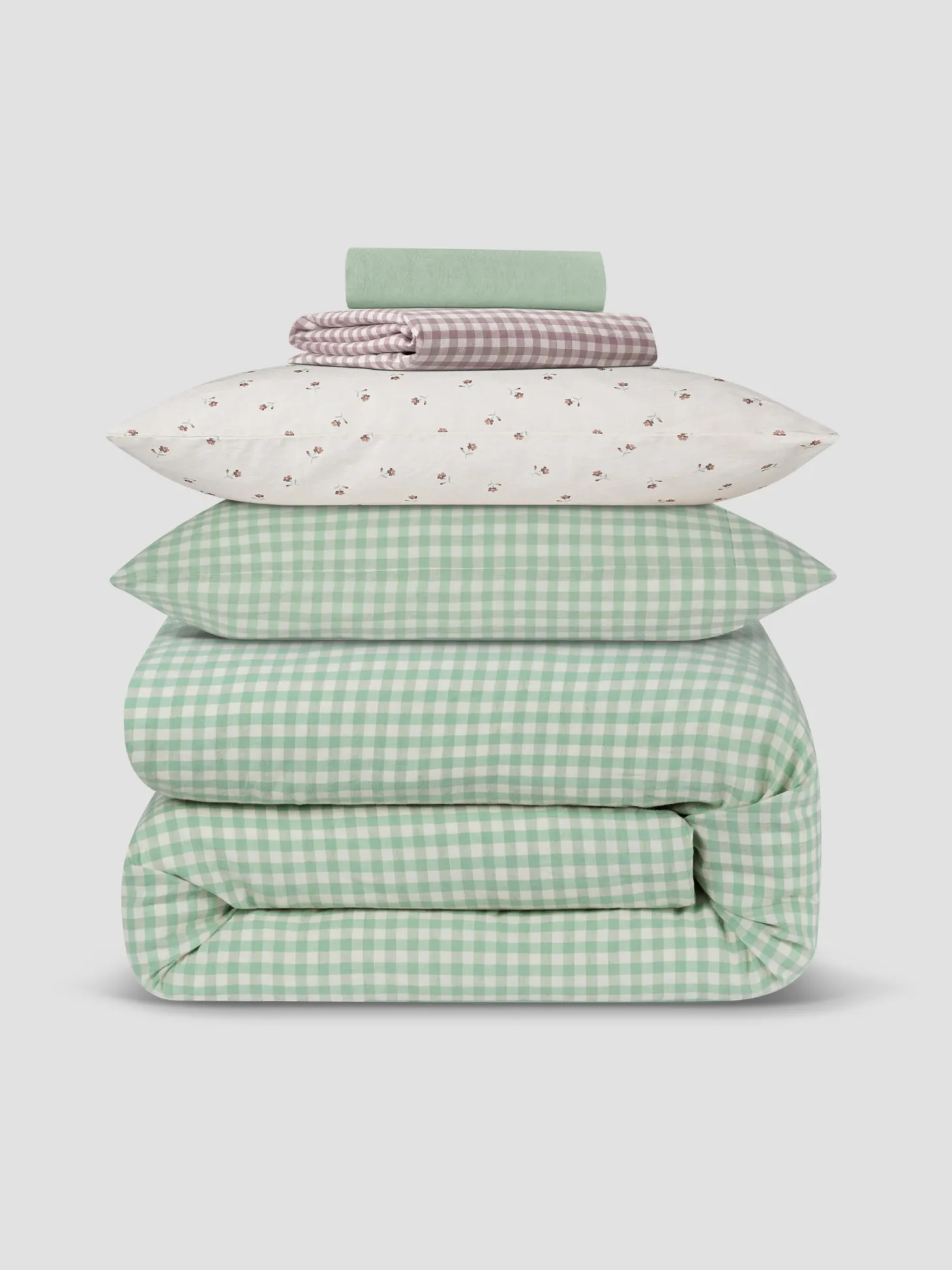 Sage Green Gingham & Posy Bud Linen Blend Bedding Set