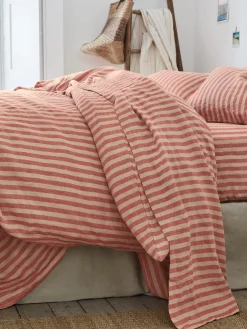 Sandstone Red Pembroke Stripe 100% Linen Flat Sheet