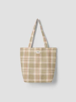 Taupe Plaid 100% Linen Tote Bag