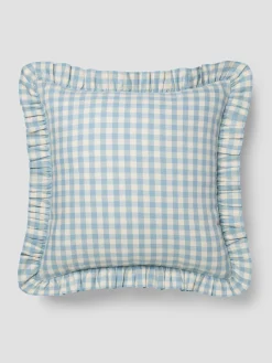 Warm Blue Gingham Frill Linen Blend Filled Cushion