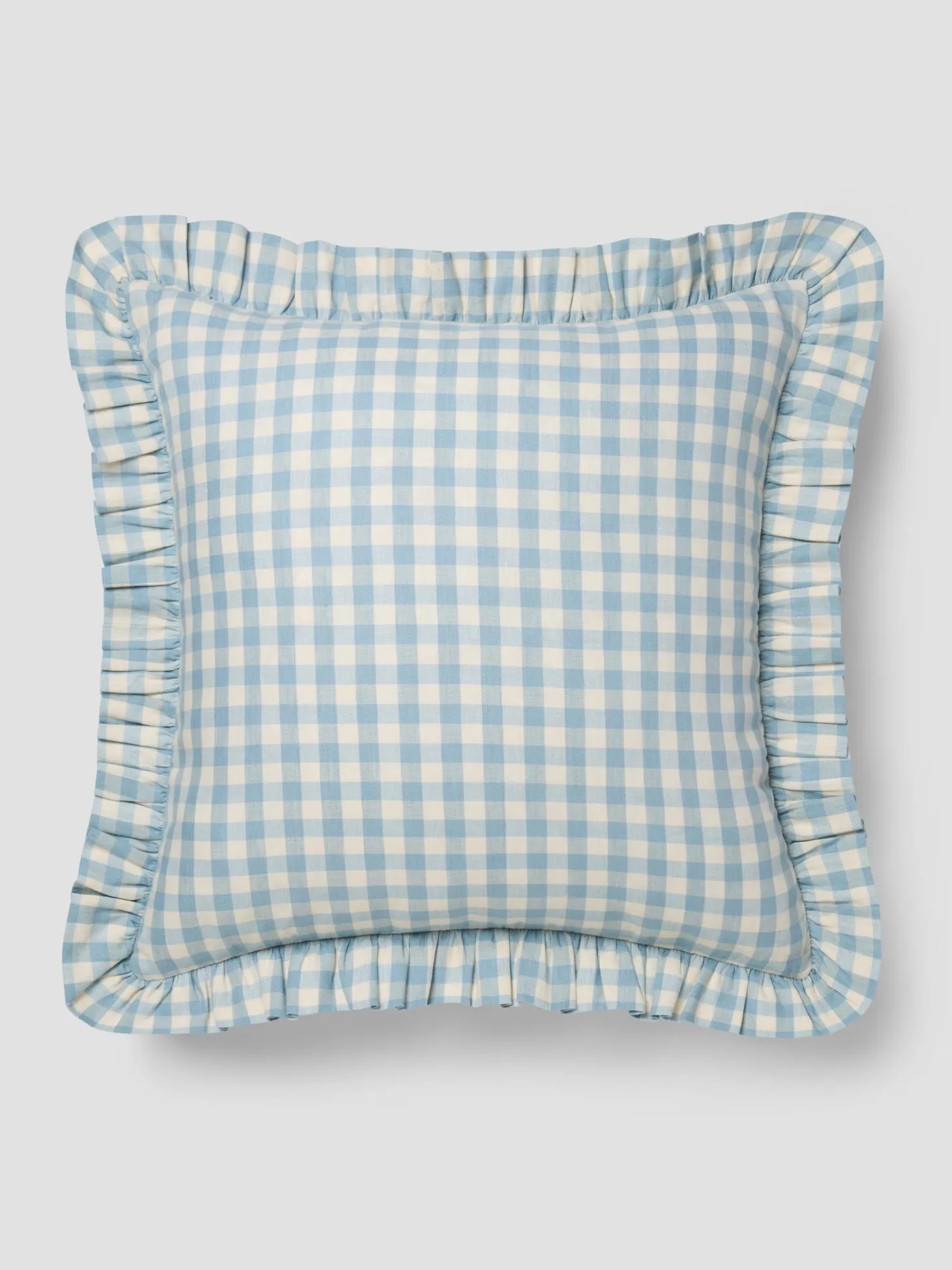 Warm Blue Gingham Frill Linen Blend Filled Cushion
