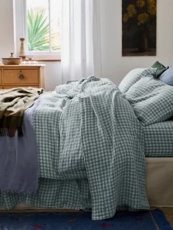 Warm Blue Gingham Linen Blend Duvet Cover