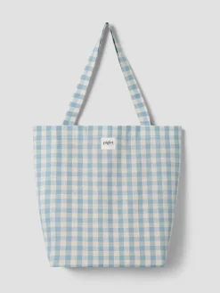 Warm Blue Gingham Linen Blend Tote Bag