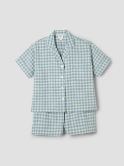 Warm Blue Gingham Linen Blend Pajama Short Set