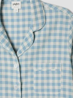 Warm Blue Gingham Linen Blend Pajama Pants Set