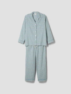 Warm Blue Gingham Linen Blend Pajama Pants Set