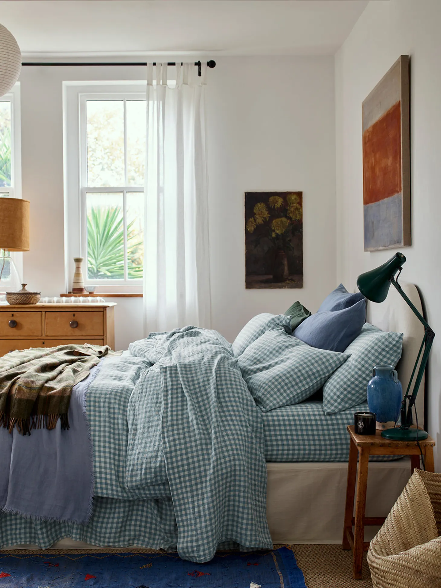 Warm Blue Gingham 100% Linen Duvet Cover