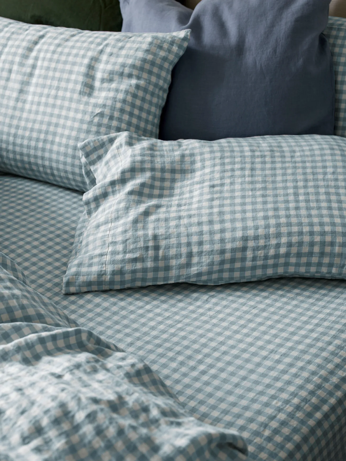 Warm Blue Gingham 100% Linen Fitted Sheet