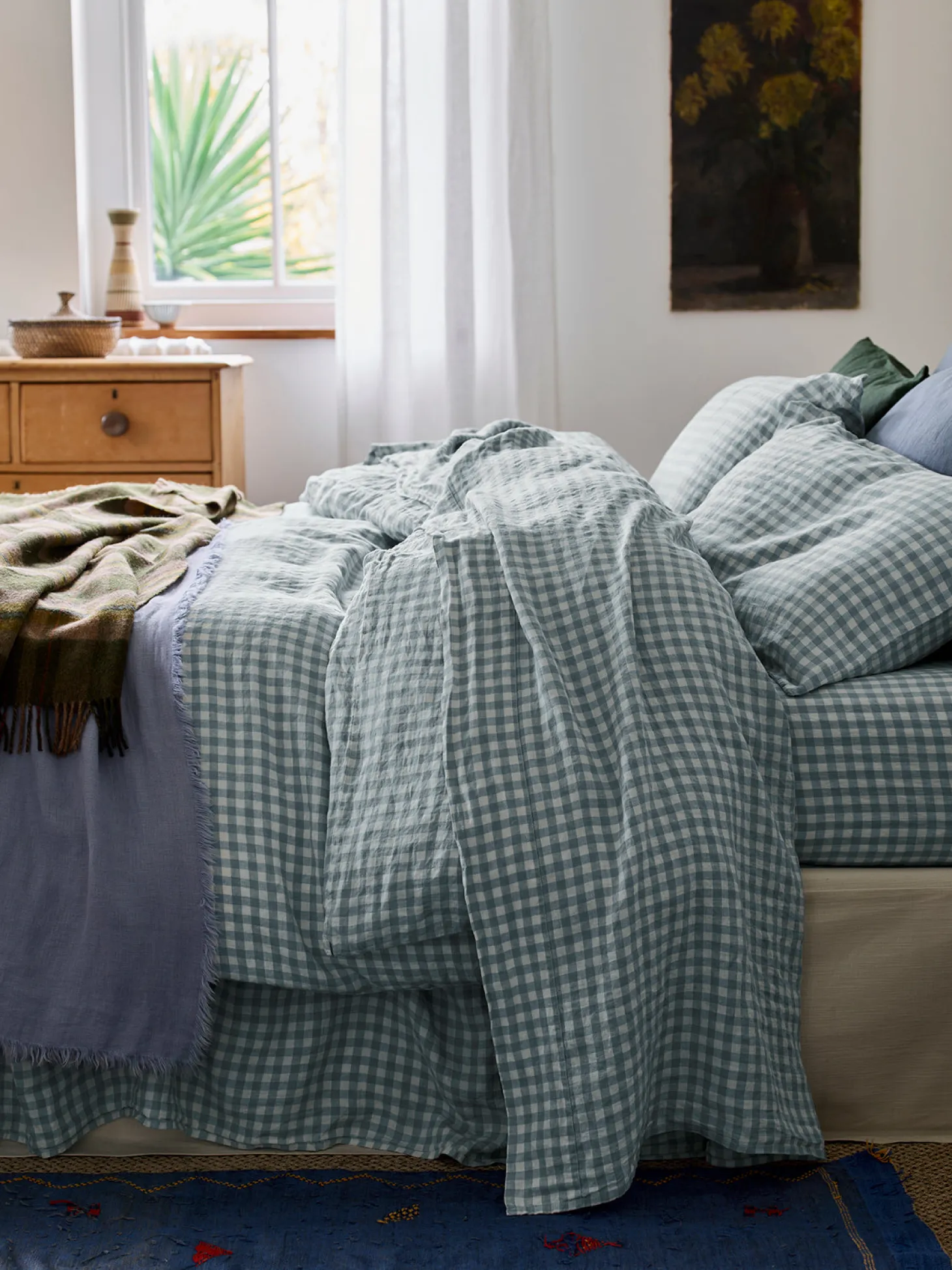 Warm Blue Gingham 100% Linen Flat Sheet