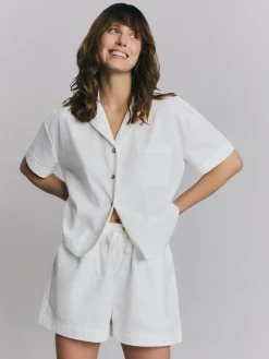 White Linen Blend Pajama Short Set